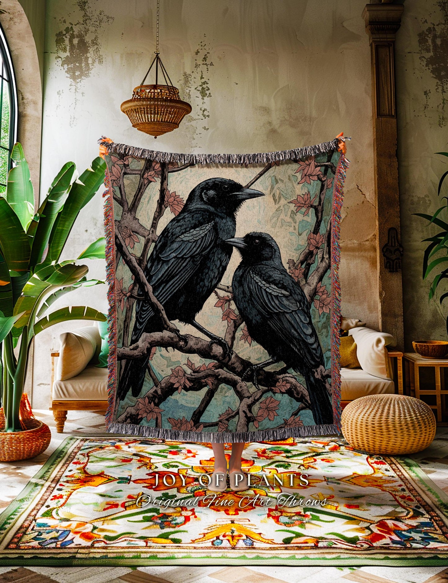 Dark Academia Raven Blanket Goth Aesthetic Crowcore Throw Blanket Woven Wall Hanging | Whimsigoth Room Decor Crowcore Dark Cottagecore Throw