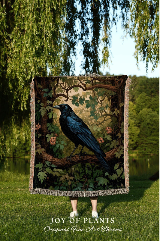 Forestcore Raven Throw Blanket Vintage Aesthetic Morris Style Crow Nature Blanket | Dark Academia Botanical Maximalist Crowcore Woven Throw