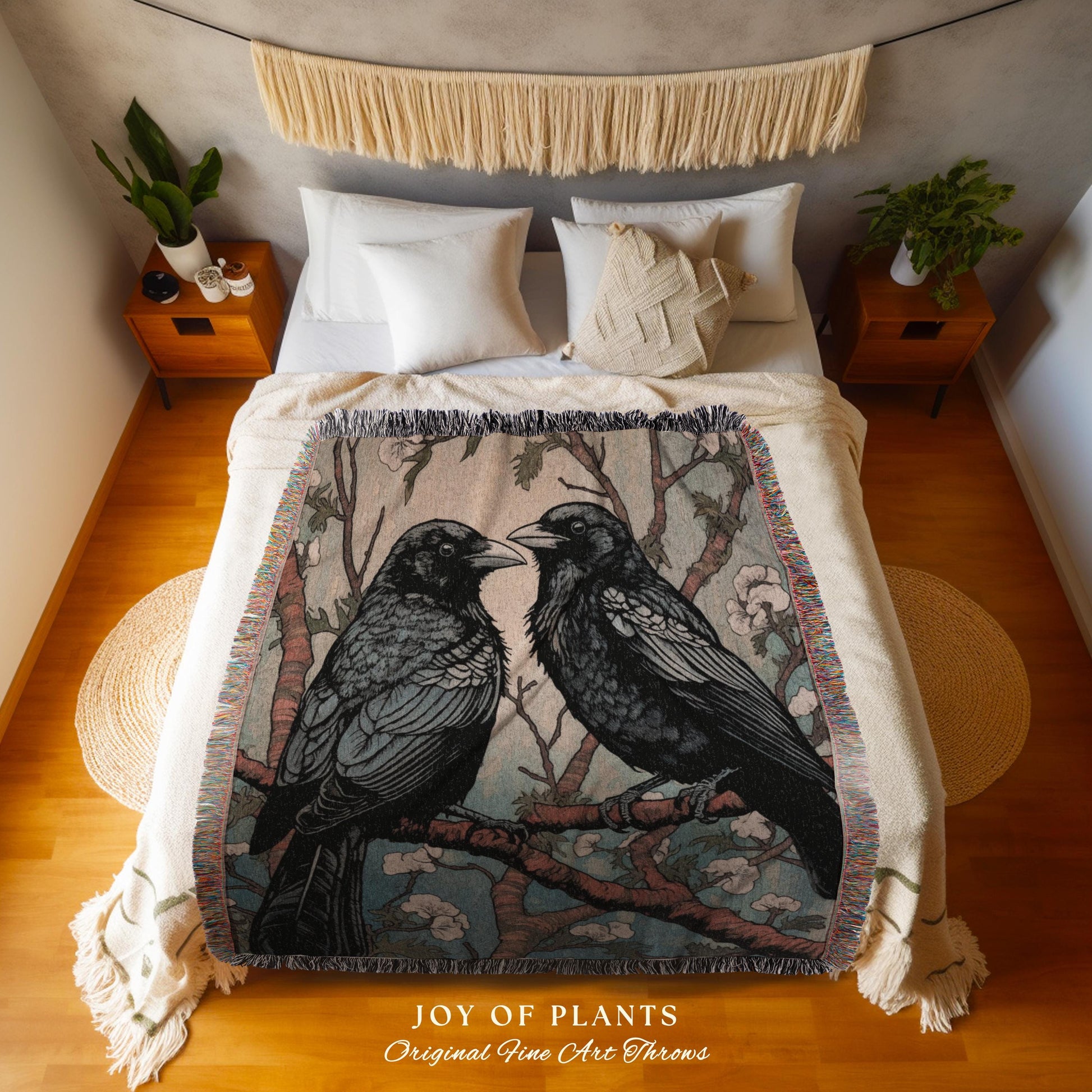 Crowcore Decor Whimsigothic Throw Blanket Woodland Gothic Decor | Dark Academia Raven Tapestry Blanket Crow Art Macabre Occult Crow Blanket