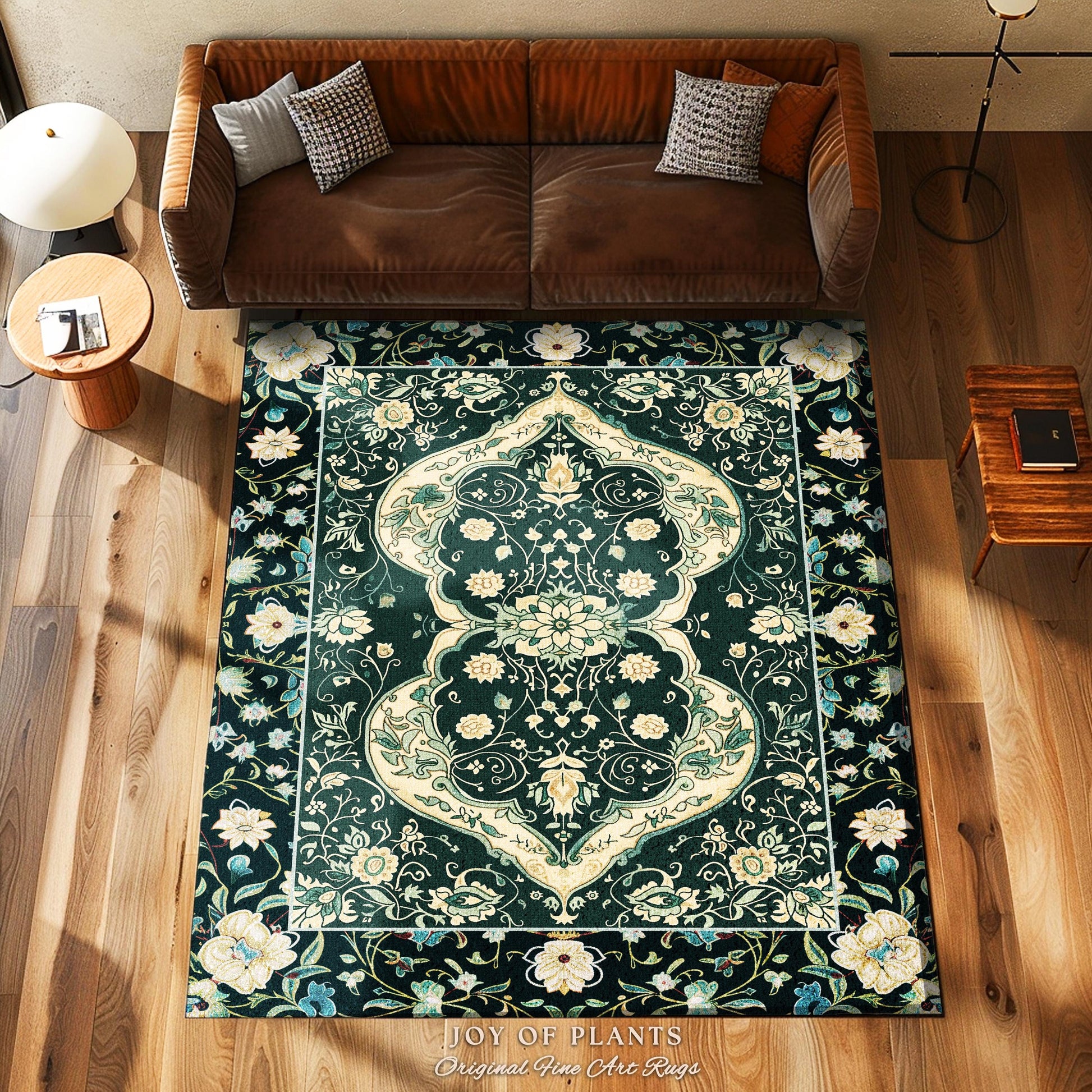 Bohemian Emerald Green Floral Whimsigoth Rug Vintage Cottagecore Aesthetic | Whimsical Art Nouveau Design Boho Botanical Cottagegoth Decor