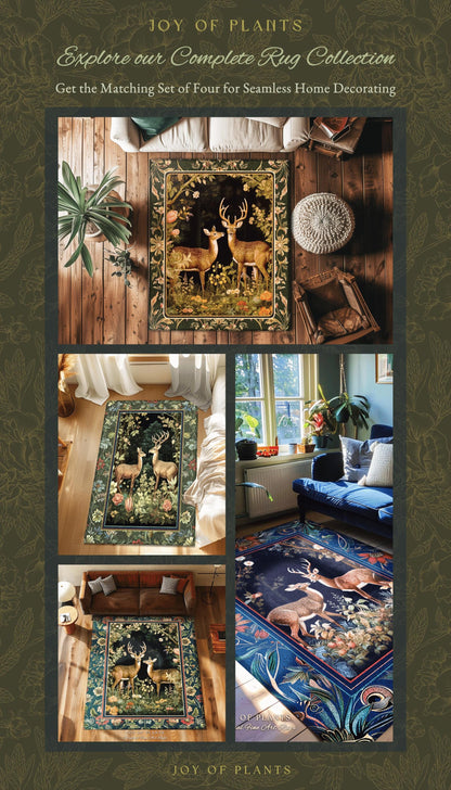 Dark Forestcore Mystic Deer Lovers Rug Woodland Gothic Decor | Victorian Gothic Botanical Cottagecore Rug Whimsical Deer Lovers Nature Rug