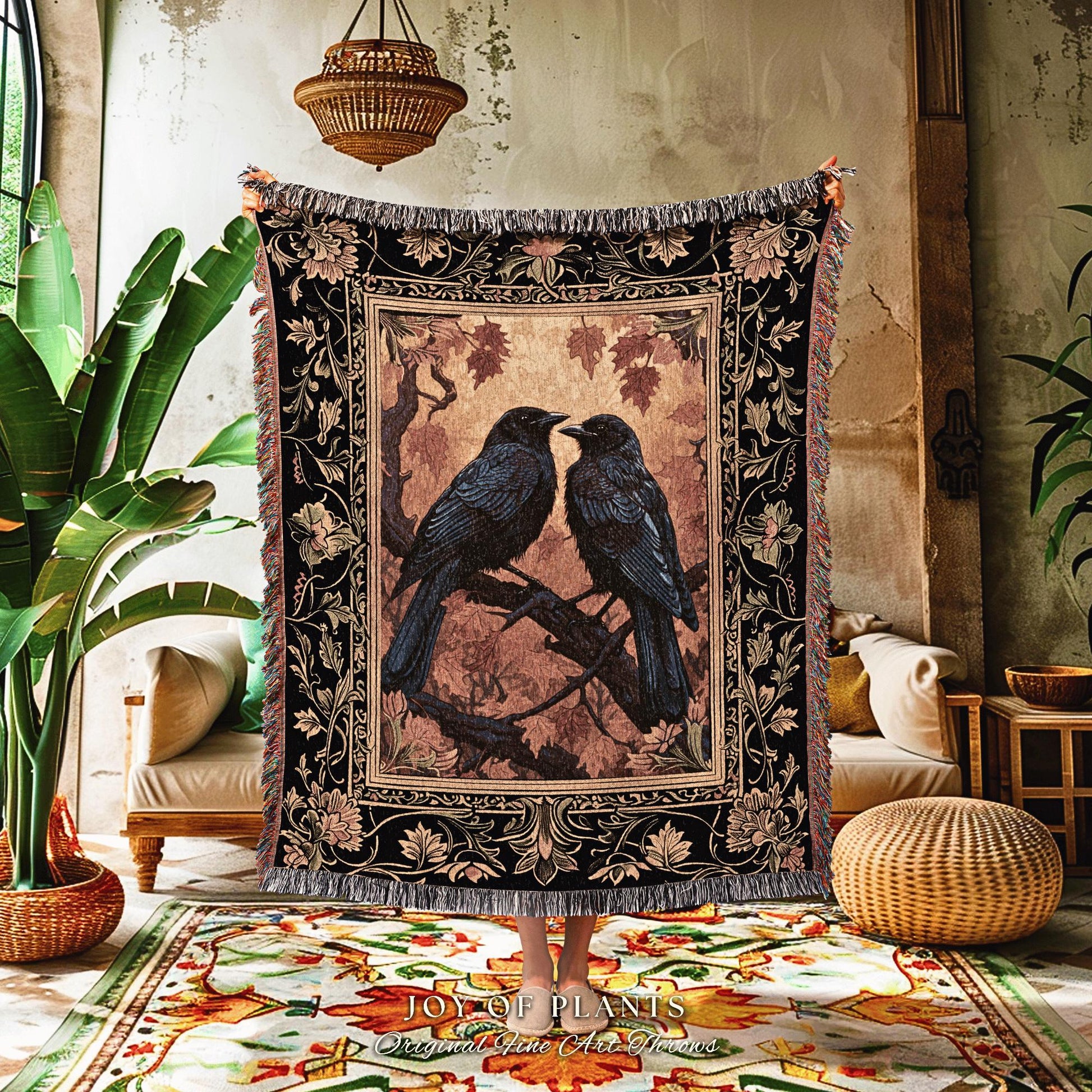 Raven Aesthetic Decor Gothic Tapestry Woven | Crow Wall Art Blanket Woven Wall Hanging | Woodland Aesthetic Halloween Gothic Crow Blanket |