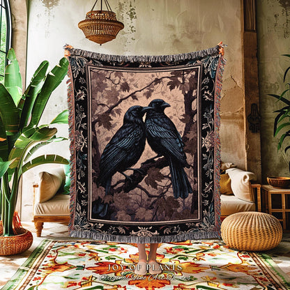 Woodland Woven Blanket Raven Crowcore Throw Blanket Whimsigoth Room Decor | Black Crow Forestcore Vintage Aesthetic Fall Victorian Gothic