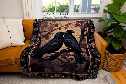 Woodland Woven Blanket Raven Crowcore Throw Blanket Whimsigoth Room Decor | Black Crow Forestcore Vintage Aesthetic Fall Victorian Gothic