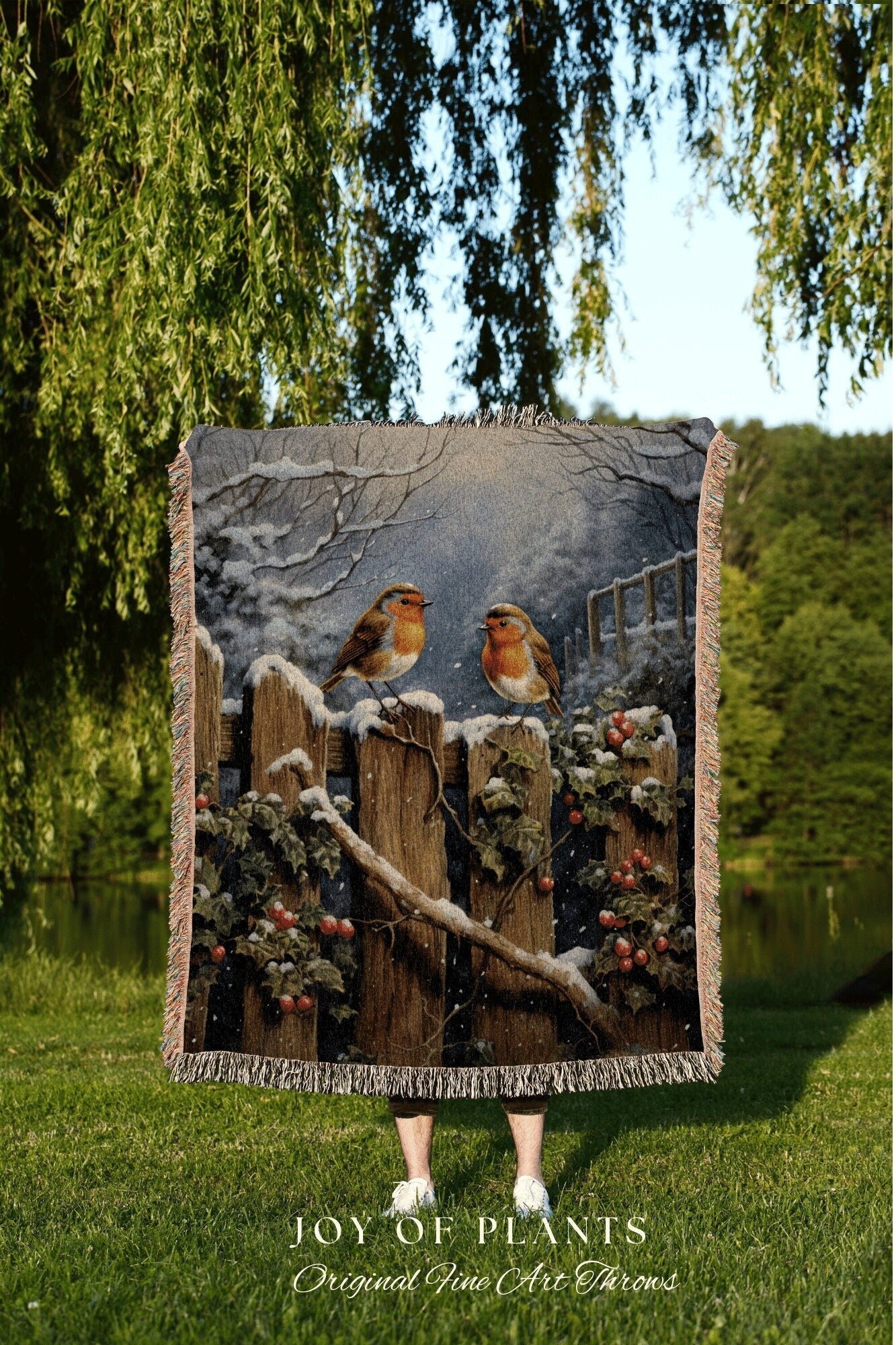 Winter Robins Cozy Blanket | Vintage Christmas Cardinal Blanket Woven Tapestry Winter Holiday Decor Snowy Landscape Vintage Home Decor Birds