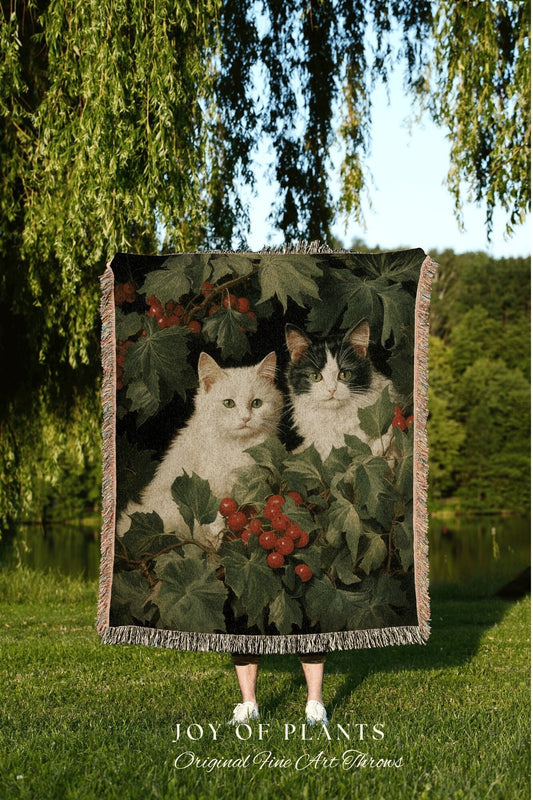 Vintage Christmas Cat Blanket | Woven Fringe Blanket Cat lover Gift Funny Tapestry Cat Family Christmas Portrait Cat Blanket Cute Kitten Art