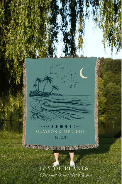 Beach Wedding Anniversary Blanket | Landscape Wall Art Celestial Aesthetic Zodiac Sign Couples Custom Constellation Gift Personalized Stars