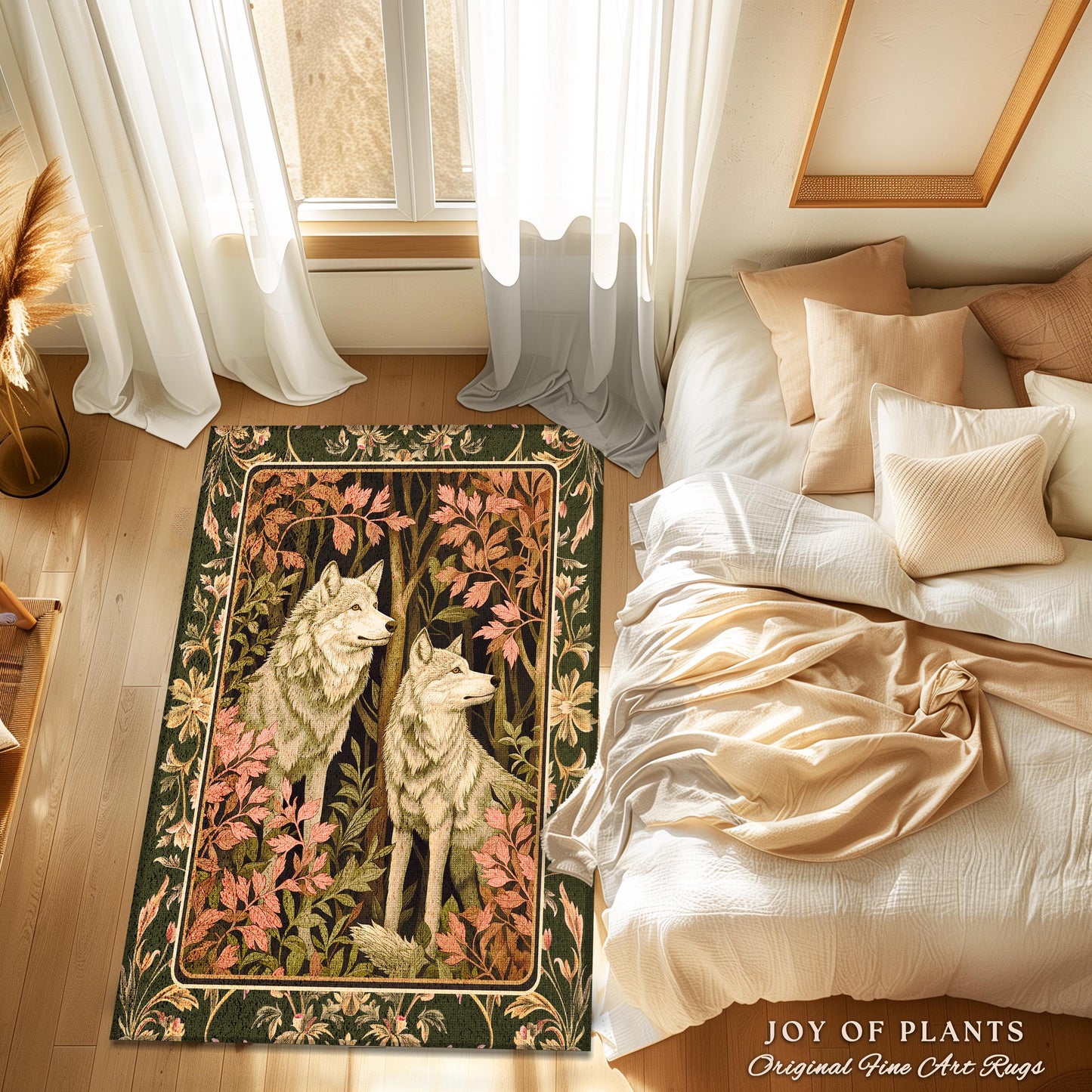 Woodland Wolf Area Rug | Nordic Aesthetic Dark Cottagecore Botanical Fantasy Inspired Rug Nature Themed Bedroom Whimsigothic Forest Wolf