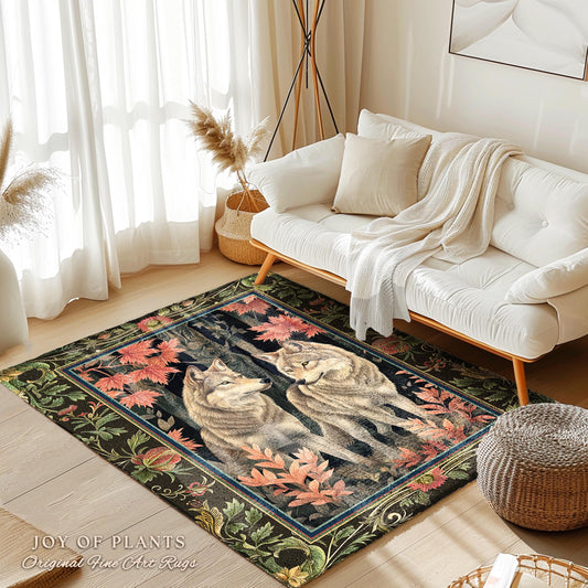 Woodsy Aesthetic Wolf Area Rug | Mystic Aesthetic Dark Cottagecore Botanical Fantasy Inspired Home Accent Rug Nature Themed Woodland Bedroom