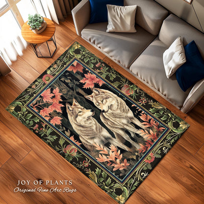 Woodsy Aesthetic Wolf Area Rug | Mystic Aesthetic Dark Cottagecore Botanical Fantasy Inspired Home Accent Rug Nature Themed Woodland Bedroom