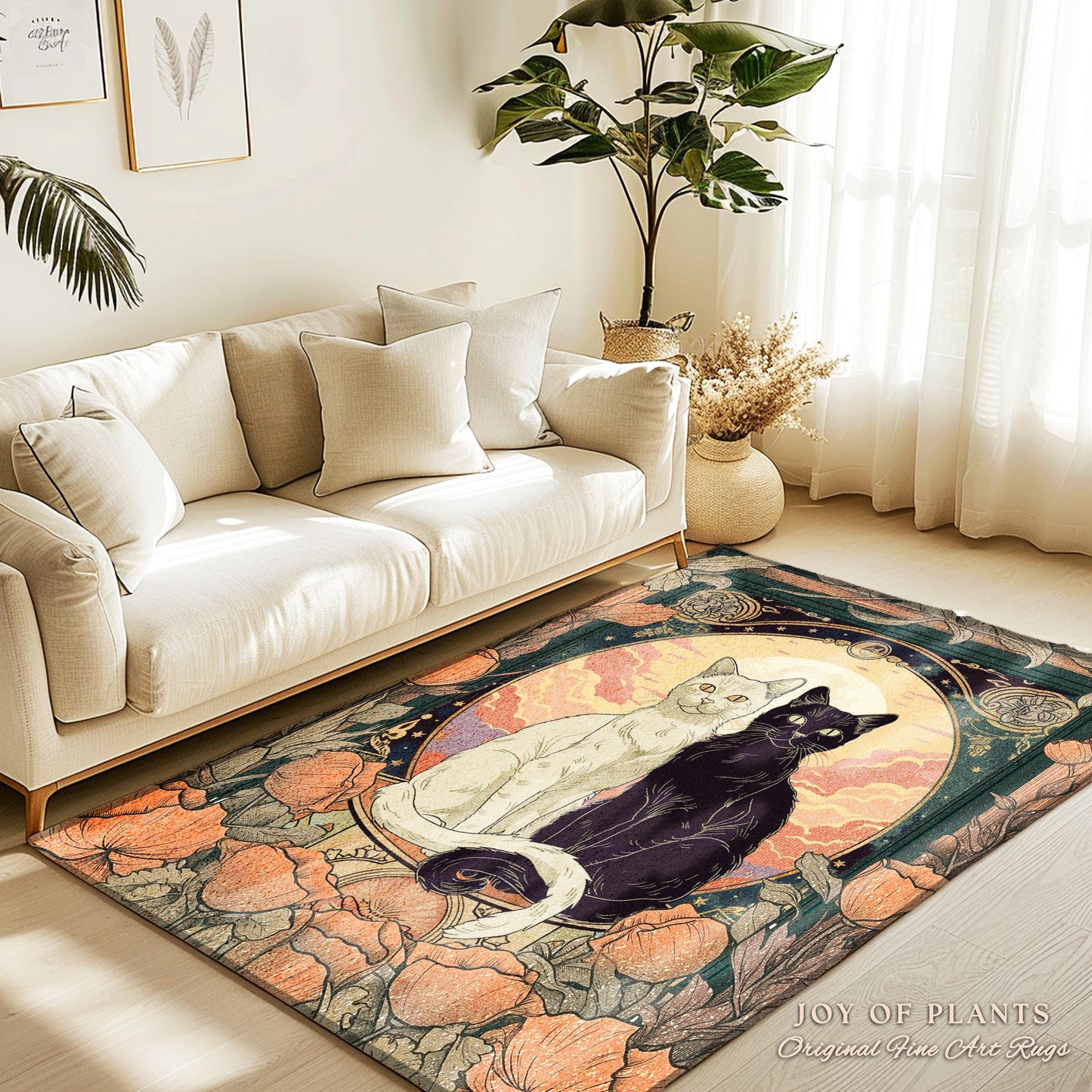 Whimsical Boho Cat Area Rug Mystical Cat Lovers Rug Perfect Cat Lover Gift Enchanting Animal Home Decor Soft Cottagecore Fall Floral Decor