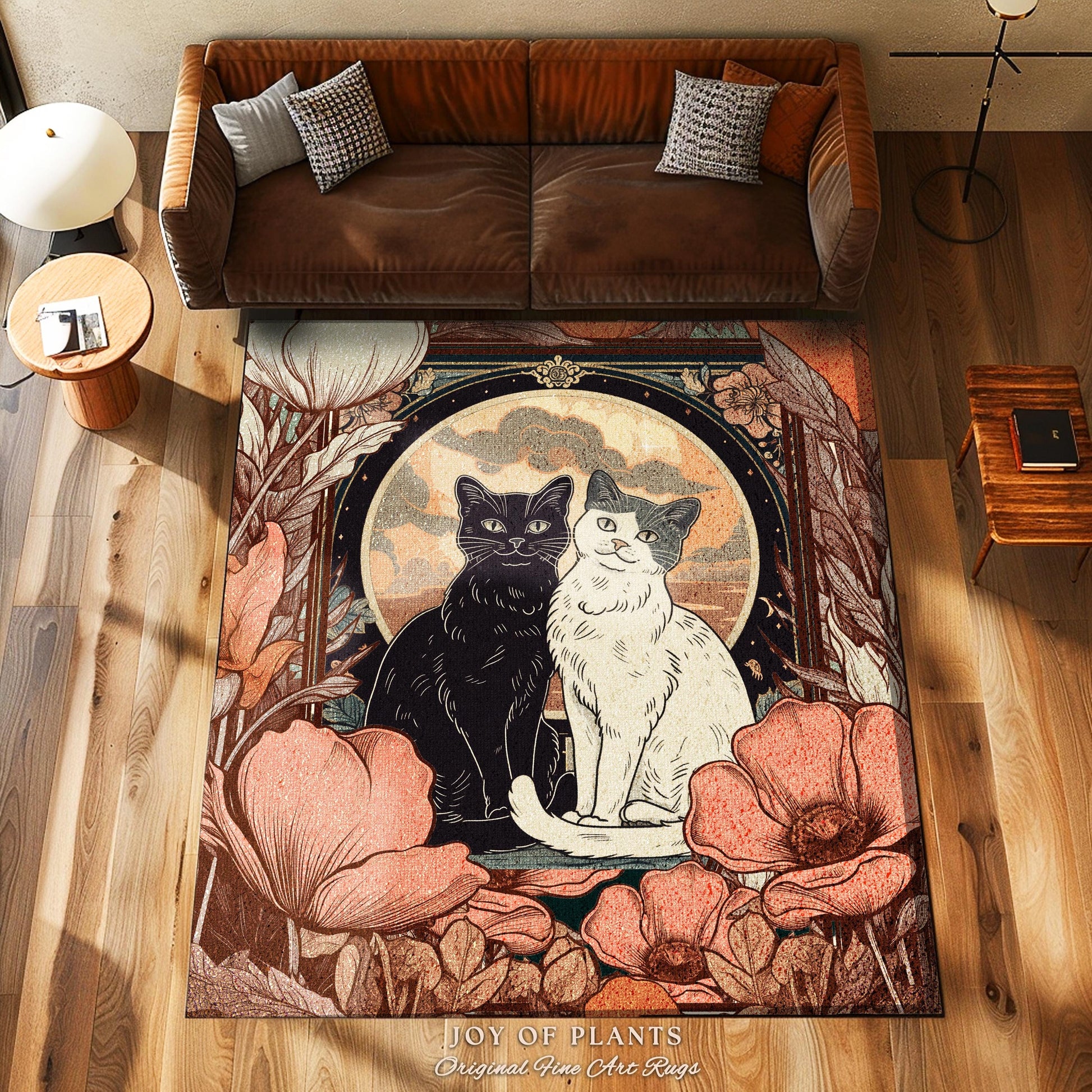 Floral Cat Lovers Art Nouveau Rug Artistic Home Gift Retro Cat Rug for Bedroom Cat Cute Decor Housewarming Cat Art Gift for Animal Lovers