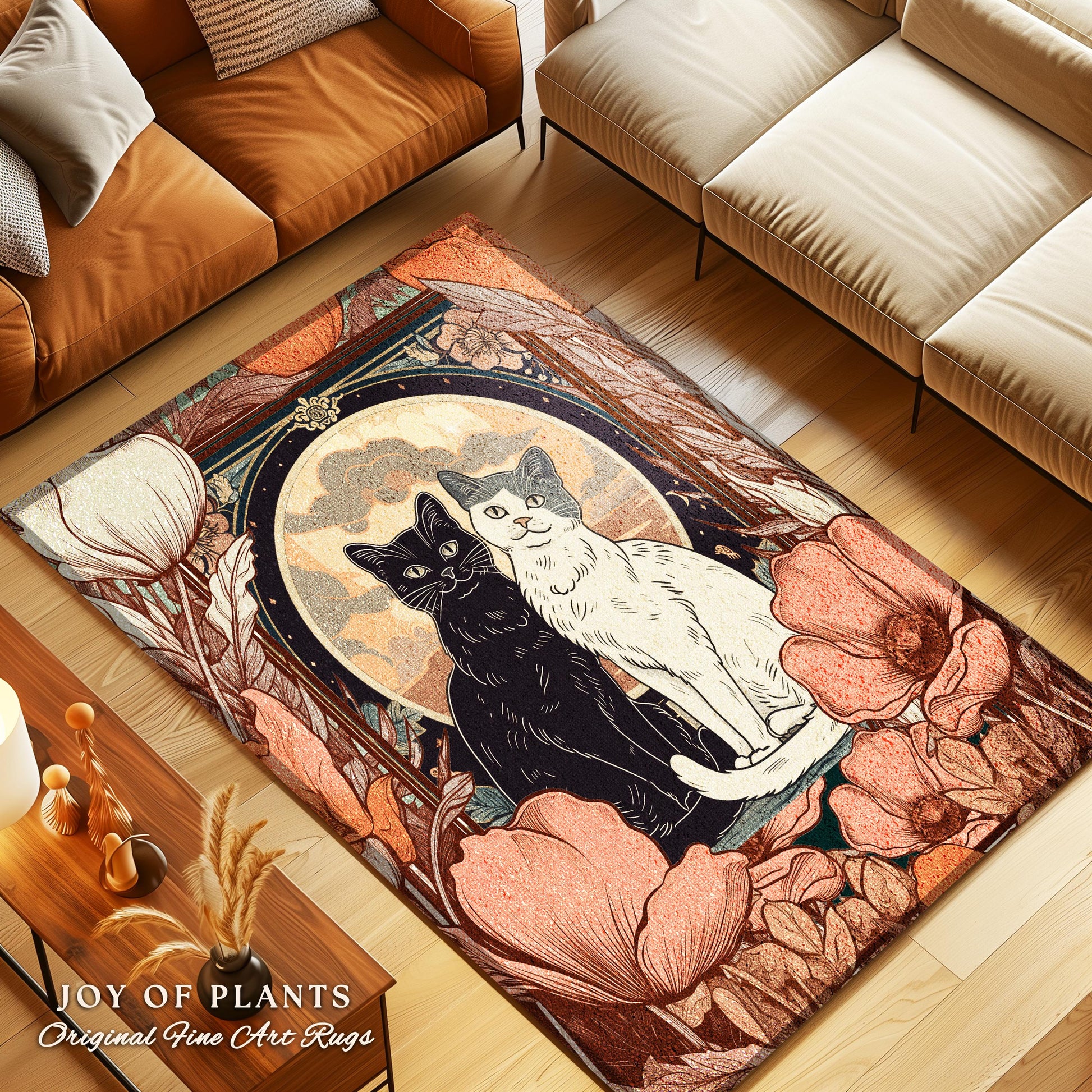 Floral Cat Lovers Art Nouveau Rug Artistic Home Gift Retro Cat Rug for Bedroom Cat Cute Decor Housewarming Cat Art Gift for Animal Lovers