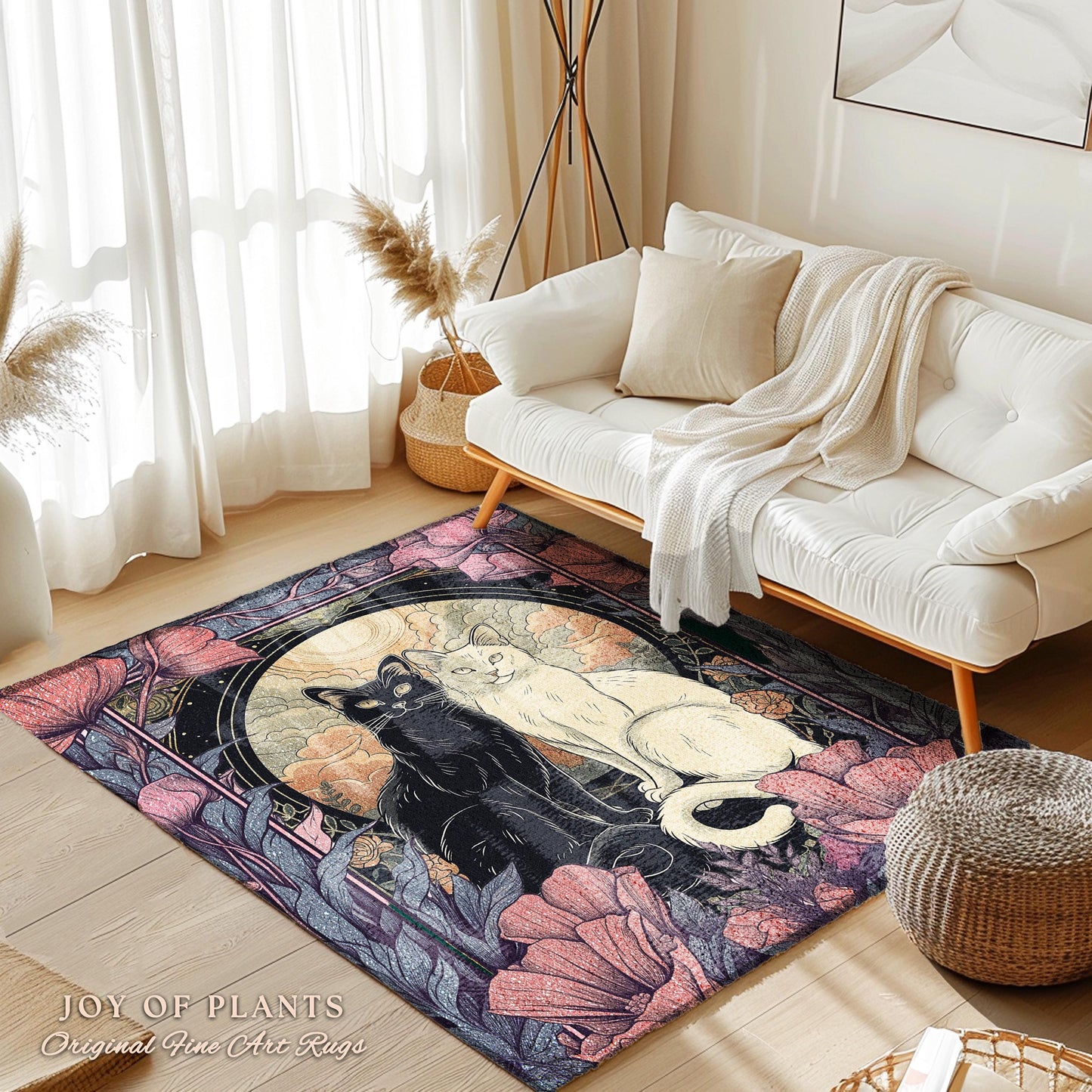 Mystical Cat Lover Rug Whimsigoth Decor Boho Purple Floral Rug Cat Art Decor Gift for Cat Lovers Book Nook Decor Dark Cottagecore Gift Rug