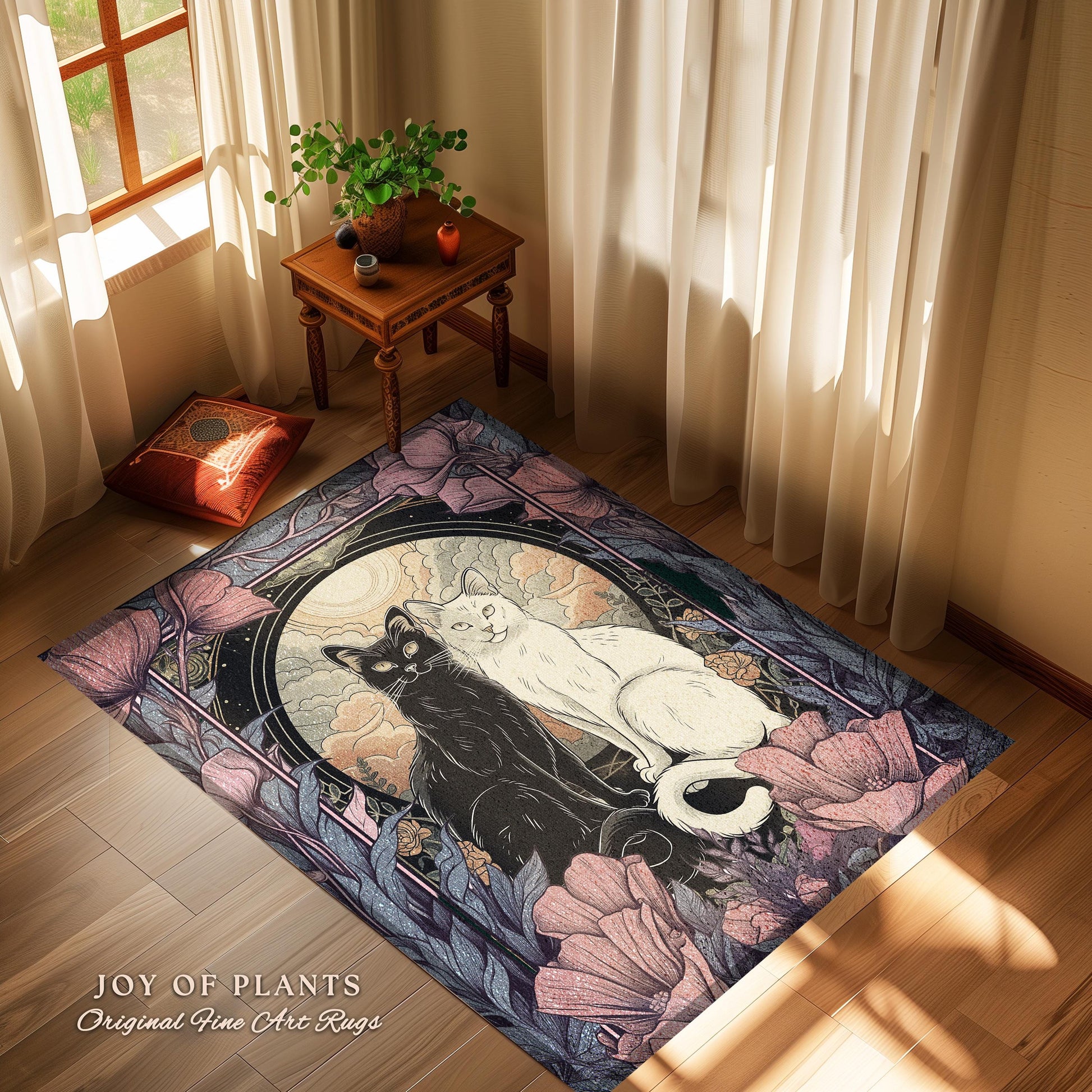 Mystical Cat Lover Rug Whimsigoth Decor Boho Purple Floral Rug Cat Art Decor Gift for Cat Lovers Book Nook Decor Dark Cottagecore Gift Rug