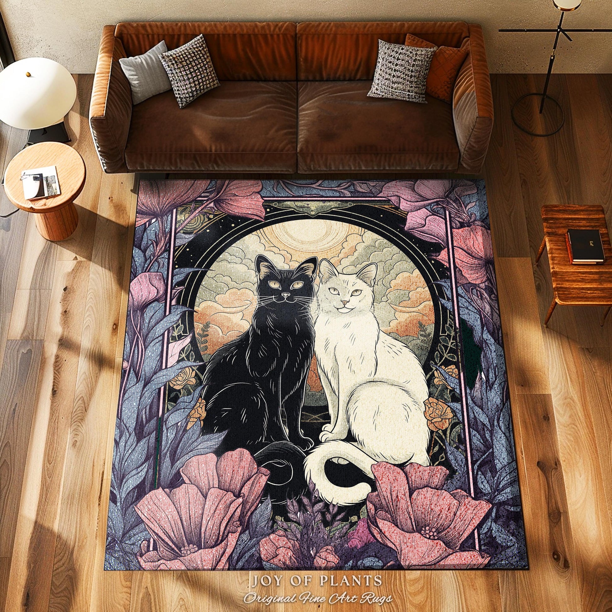 Mystical Cat Lover Rug Whimsigoth Decor Boho Purple Floral Rug Cat Art Decor Gift for Cat Lovers Book Nook Decor Dark Cottagecore Gift Rug