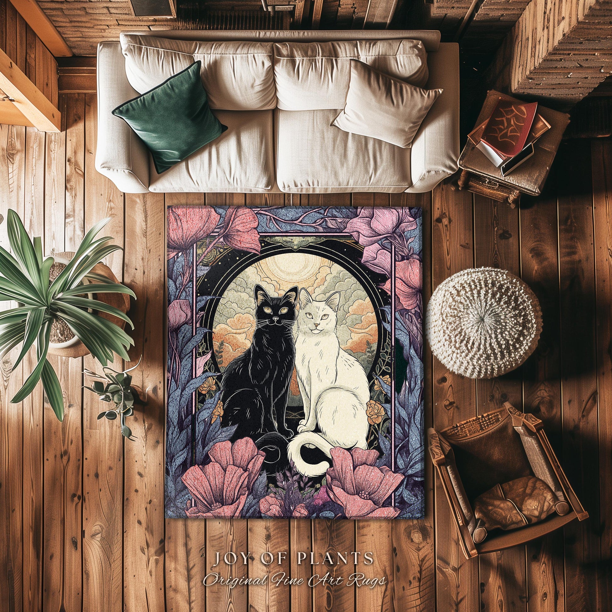 Mystical Cat Lover Rug Whimsigoth Decor Boho Purple Floral Rug Cat Art Decor Gift for Cat Lovers Book Nook Decor Dark Cottagecore Gift Rug