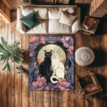 Mystical Cat Lover Rug Whimsigoth Decor Boho Purple Floral Rug Cat Art Decor Gift for Cat Lovers Book Nook Decor Dark Cottagecore Gift Rug