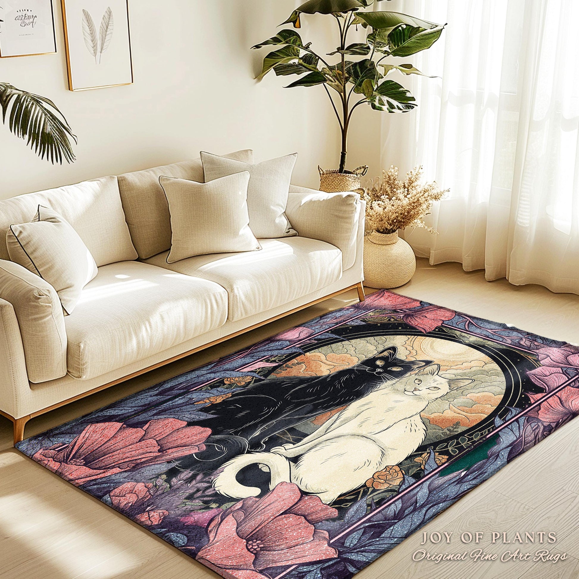 Mystical Cat Lover Rug Whimsigoth Decor Boho Purple Floral Rug Cat Art Decor Gift for Cat Lovers Book Nook Decor Dark Cottagecore Gift Rug