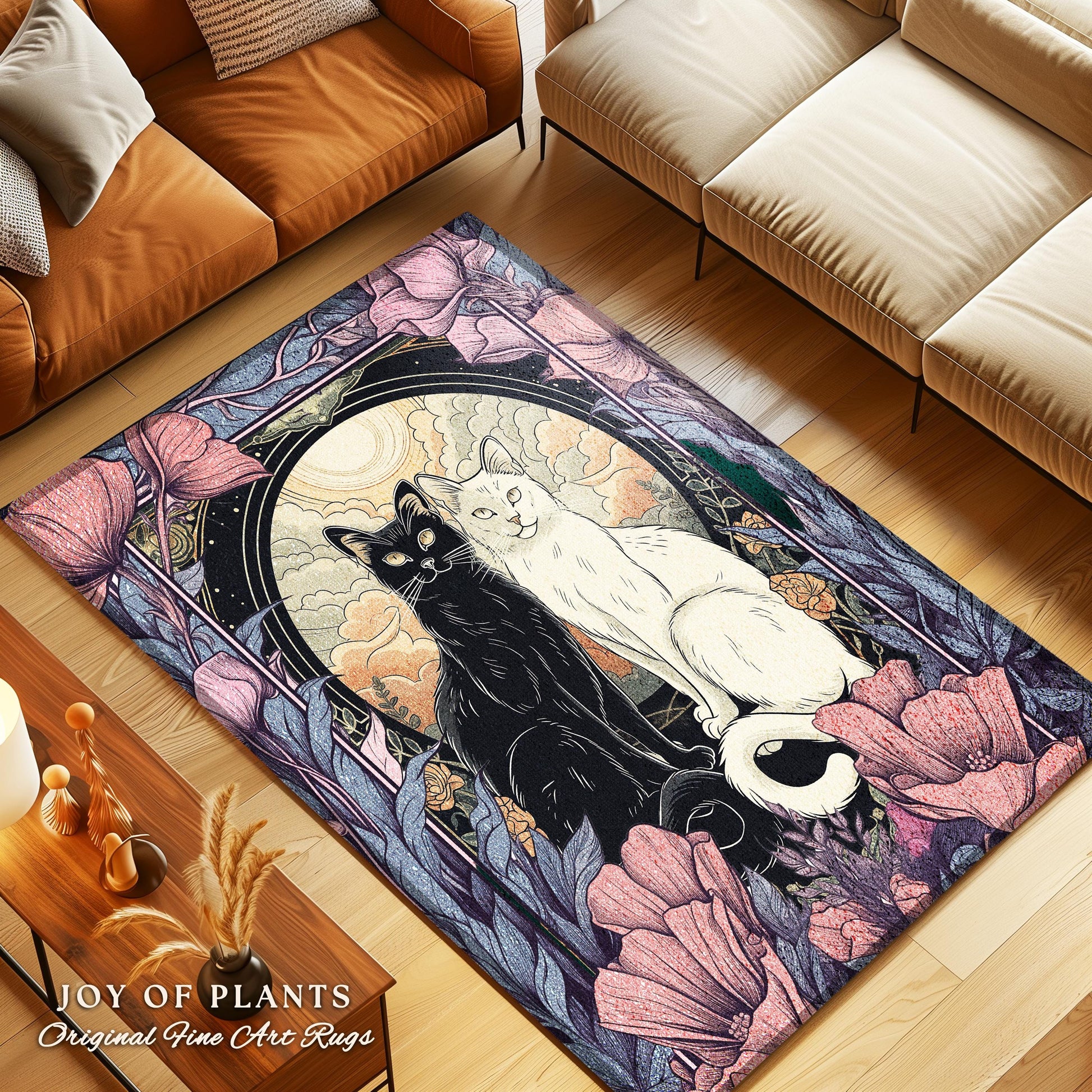 Mystical Cat Lover Rug Whimsigoth Decor Boho Purple Floral Rug Cat Art Decor Gift for Cat Lovers Book Nook Decor Dark Cottagecore Gift Rug