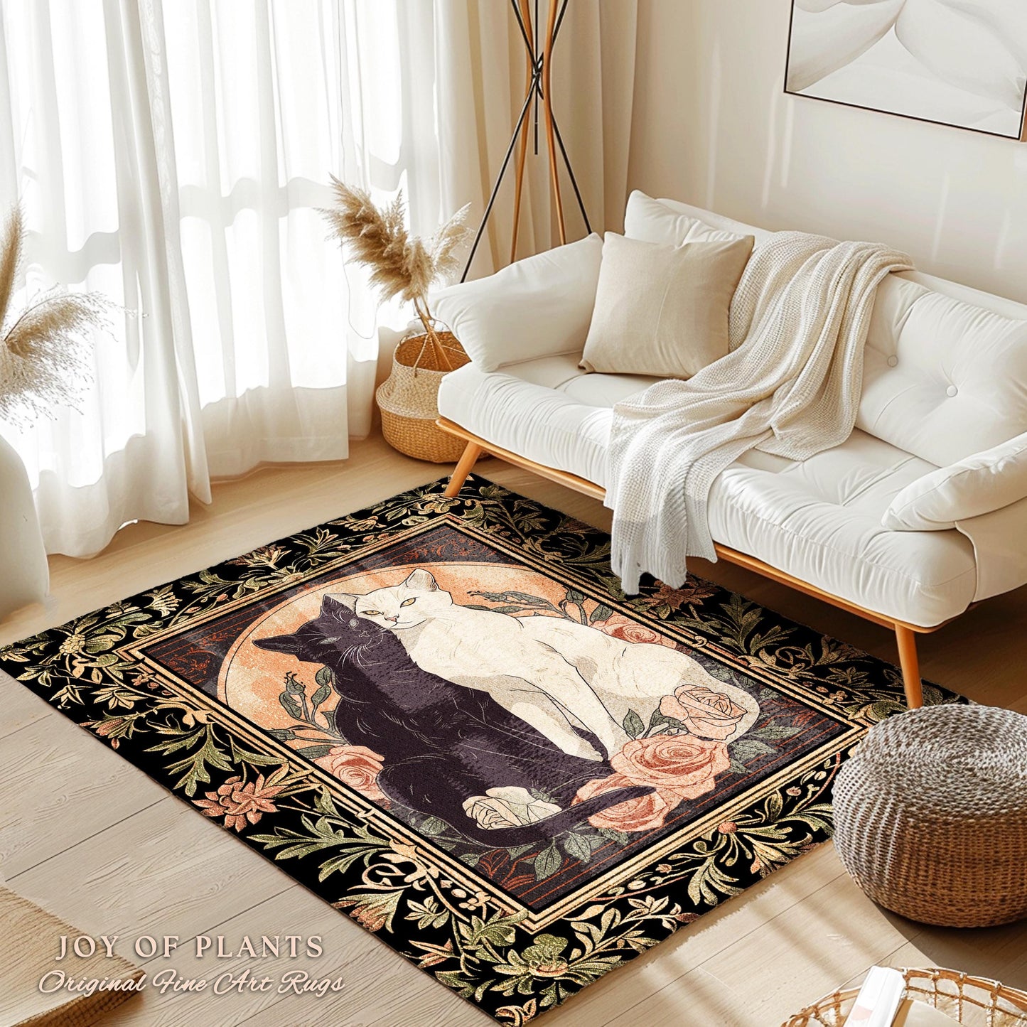 Art Nouveau Cat Lovers Rug Floral Accent Elegant Home Decor Artistic Cat Lover Gift Whimsical Light Academia Decor Coquette Cat Art Area Rug