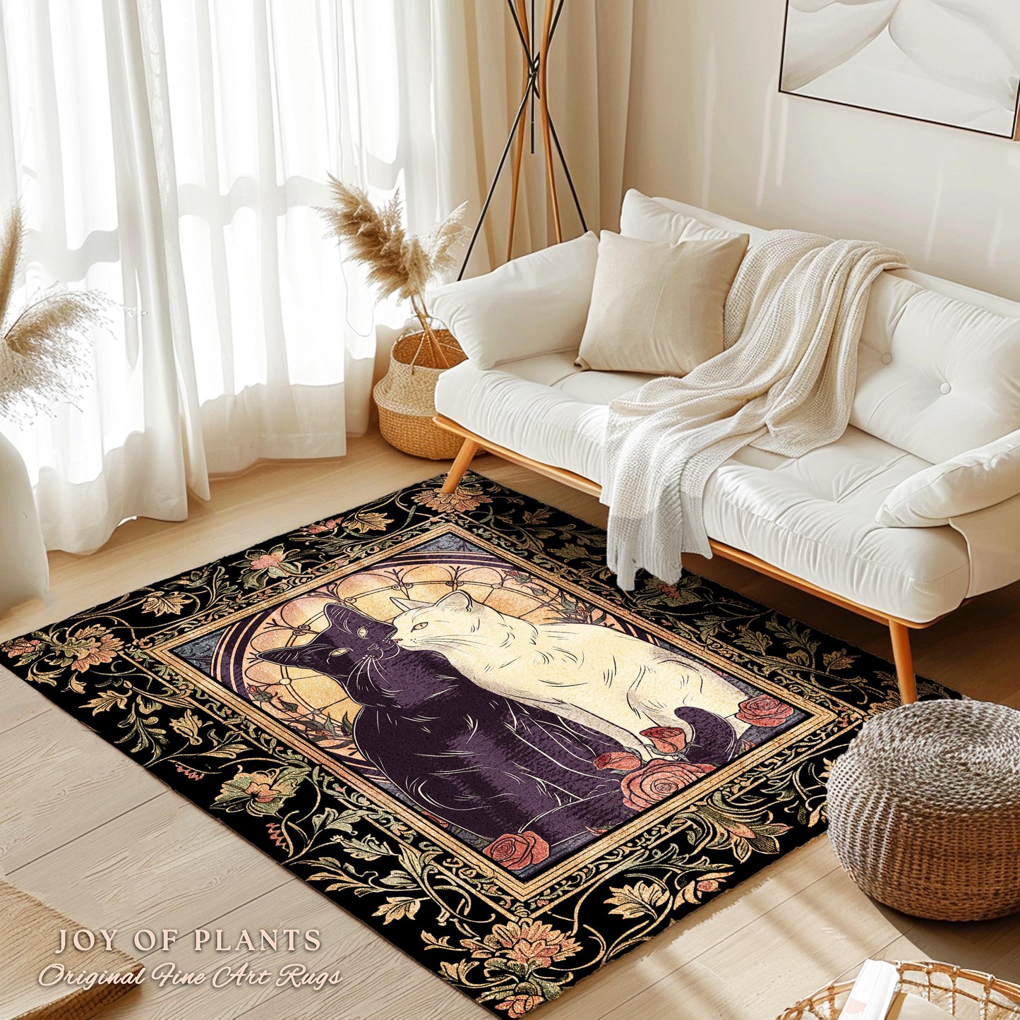 Vintage Aesthetic Cat Rug Dark Cottagecore Floral Decor Artistic Cat Lover Gift Whimsical Home Decor Dark Academia Decor Unique Cat Gift