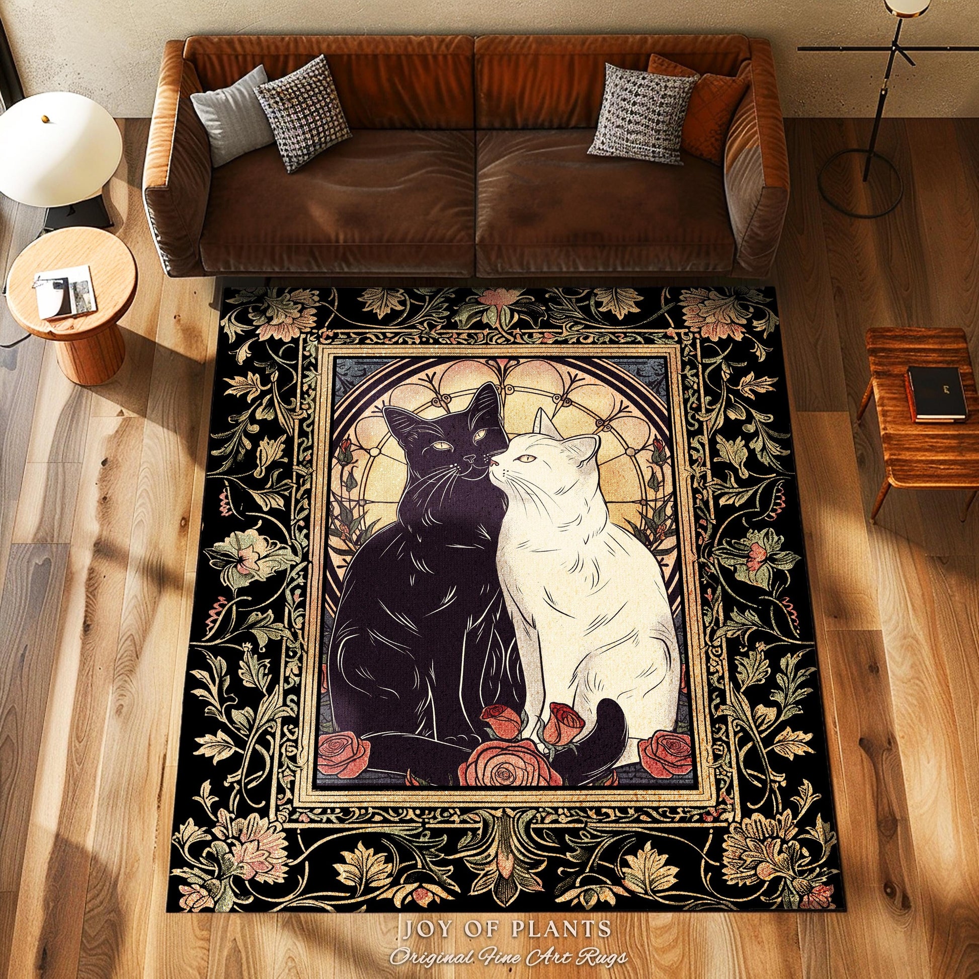 Vintage Aesthetic Cat Rug Dark Cottagecore Floral Decor Artistic Cat Lover Gift Whimsical Home Decor Dark Academia Decor Unique Cat Gift