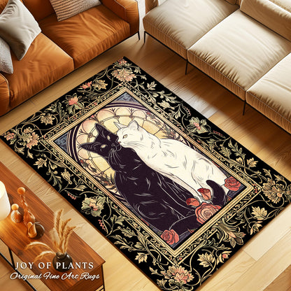 Vintage Aesthetic Cat Rug Dark Cottagecore Floral Decor Artistic Cat Lover Gift Whimsical Home Decor Dark Academia Decor Unique Cat Gift