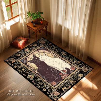 Vintage Aesthetic Cat Rug Dark Cottagecore Floral Decor Artistic Cat Lover Gift Whimsical Home Decor Dark Academia Decor Unique Cat Gift