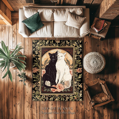 Art Nouveau Cat Lovers Rug Floral Accent Elegant Home Decor Artistic Cat Lover Gift Whimsical Light Academia Decor Coquette Cat Art Area Rug