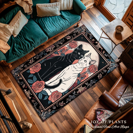 Retro Cat Lover Rug Cozy Cottagecore Decor Unique Cat Art Home Gift Whimsical Cat Decor Black Cat Rose Rug Retro Gothic Art Decorative Rug