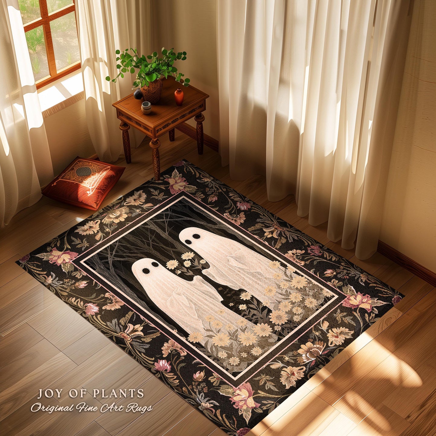 Spooky Floral Ghost Rug Dark Academia Art Decor | Boho Mystical Enchanted Forest Ghost Friends Gift Whimsigothic Rug Dark Cottagecore Decor