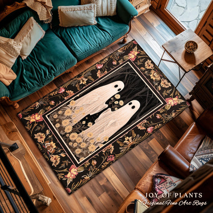 Spooky Floral Ghost Rug Dark Academia Art Decor | Boho Mystical Enchanted Forest Ghost Friends Gift Whimsigothic Rug Dark Cottagecore Decor