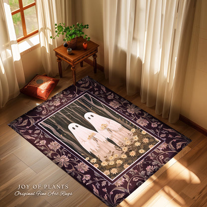 Whimsigoth Floral Ghost Rug Fairycore Enchanted Forest Decor | Spooky Woodland Gothic Dark Academia Aesthetic Ghost Rug Whimsical Decor