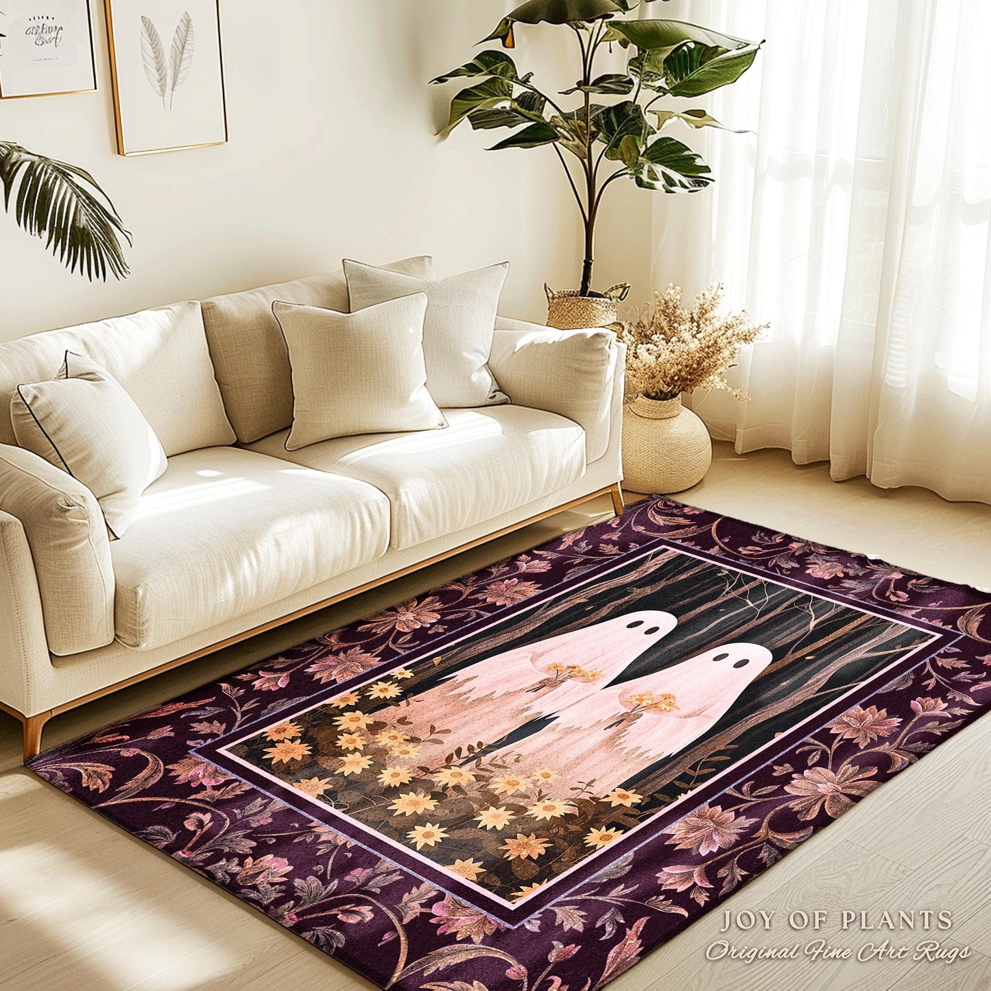 Whimsigoth Floral Ghost Rug Fairycore Enchanted Forest Decor | Spooky Woodland Gothic Dark Academia Aesthetic Ghost Rug Whimsical Decor