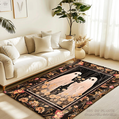 Spooky Floral Ghost Rug Dark Academia Art Decor | Boho Mystical Enchanted Forest Ghost Friends Gift Whimsigothic Rug Dark Cottagecore Decor