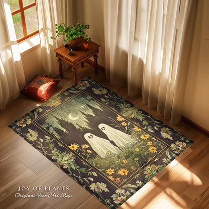 Woodland Ghost Couple Rug Spooky Dark Forest Whimsical Floral Decor | Mystic Moonlit Meadow Rug Cute Ghost Decor Retro Cottagecore Goth Rug