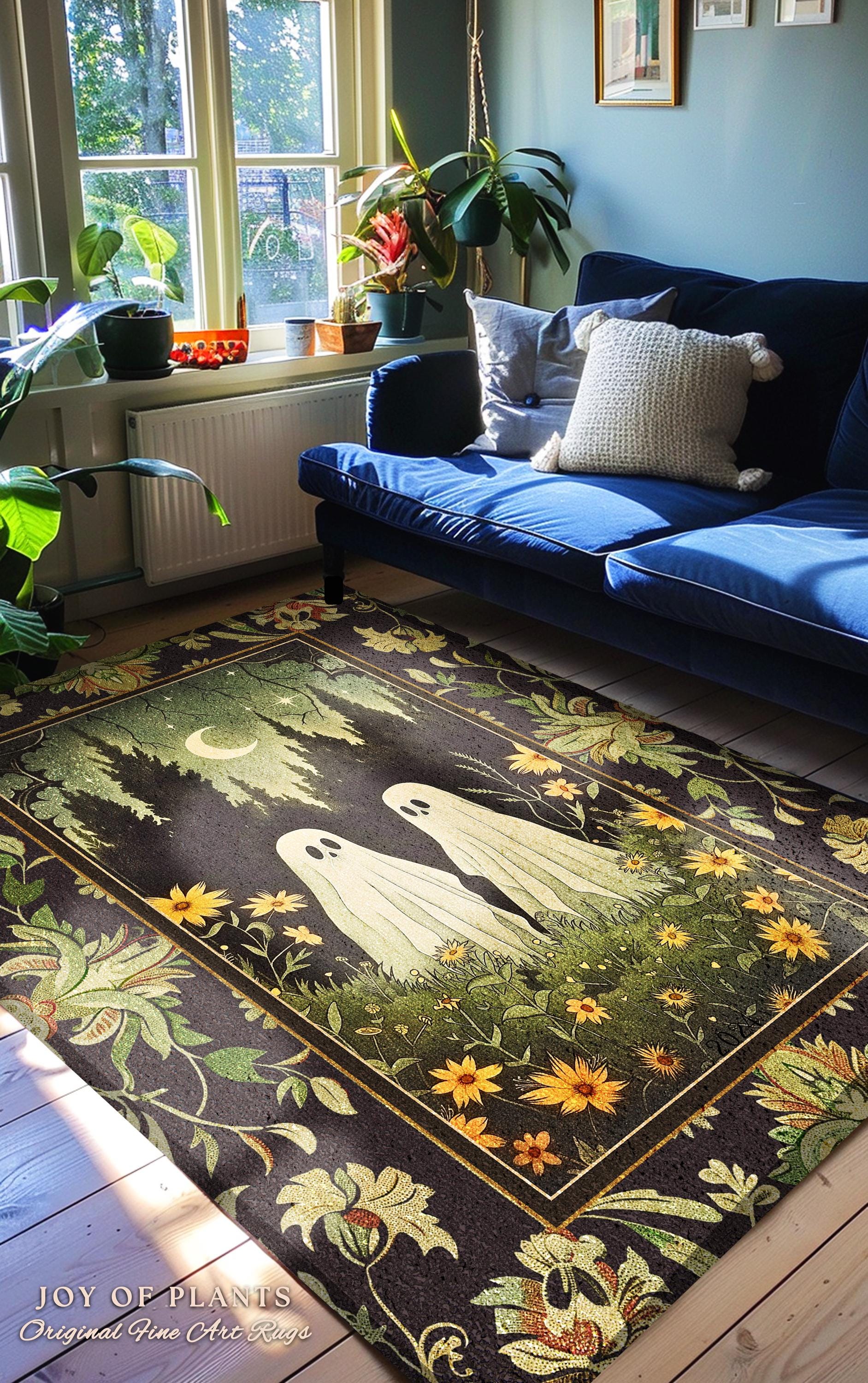 Woodland Ghost Couple Rug Spooky Dark Forest Whimsical Floral Decor | Mystic Moonlit Meadow Rug Cute Ghost Decor Retro Cottagecore Goth Rug