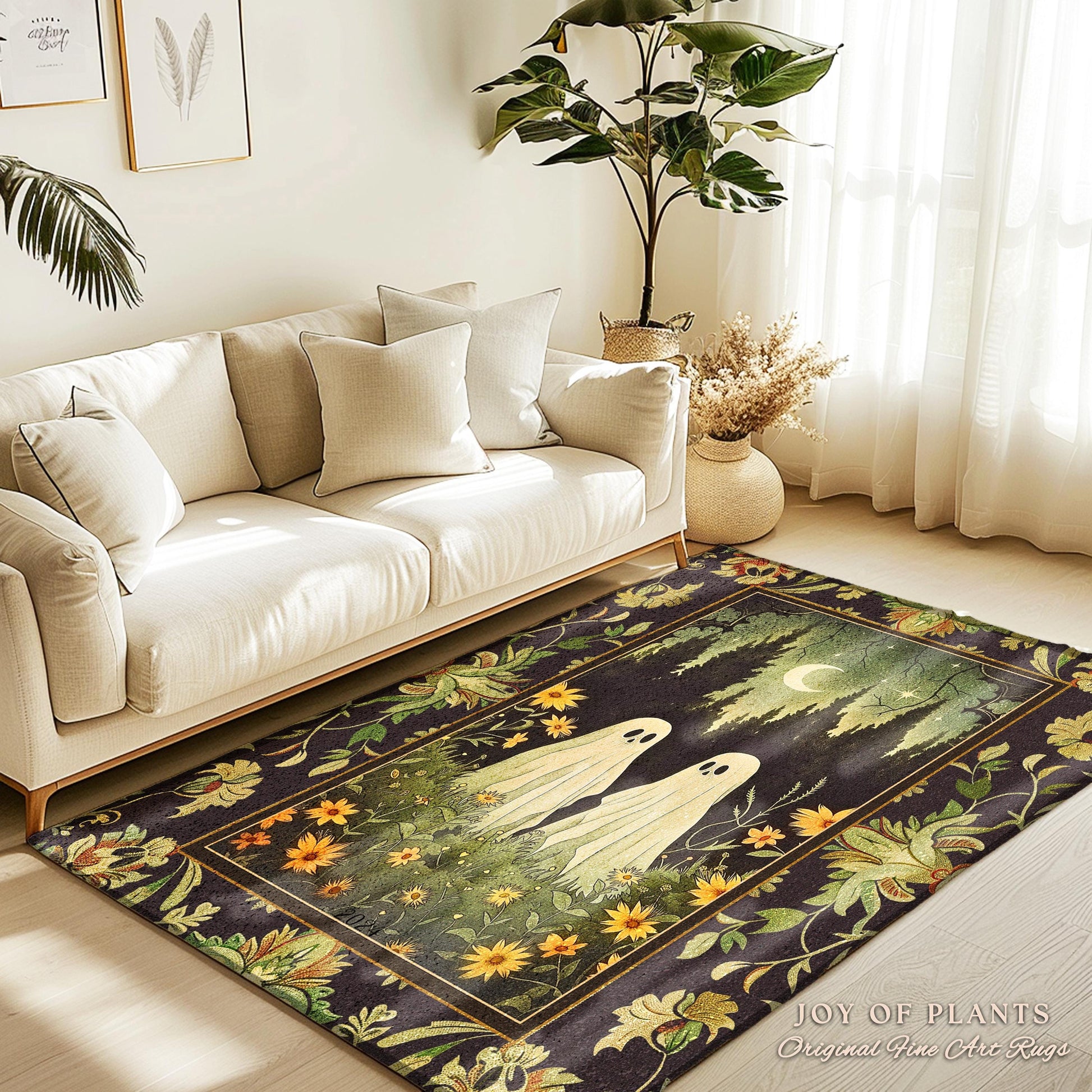 Woodland Ghost Couple Rug Spooky Dark Forest Whimsical Floral Decor | Mystic Moonlit Meadow Rug Cute Ghost Decor Retro Cottagecore Goth Rug