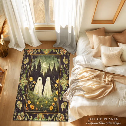 Woodland Ghost Couple Rug Spooky Dark Forest Whimsical Floral Decor | Mystic Moonlit Meadow Rug Cute Ghost Decor Retro Cottagecore Goth Rug