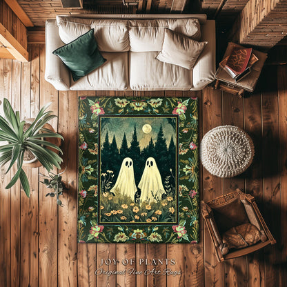 Celestial Ghost Lovers Decor Dark Woodland Moon Celestial Magic Meadows Rug | Cottagegoth Spooky Spirits Whimsical Enchanted Fairycore Decor