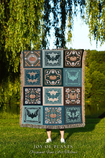 Whimsical Pumpkin Bat Decor Coquette Preppy Halloween Tapestry Blanket | Boho Fairycore Decor Pumpkin Bat Wall Art Cottagecore Woven Throw