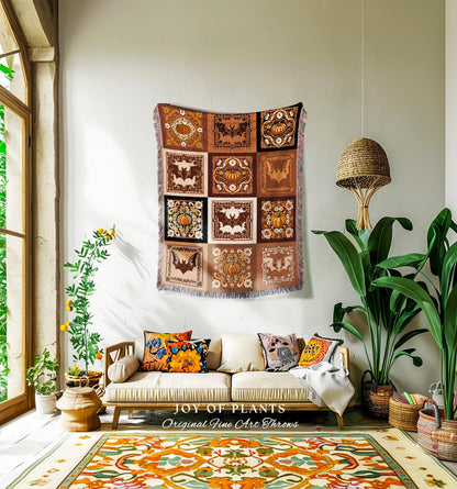 Bohemian Pumpkin Bat Orange Checkered Blanket Retro Halloween Tapestry Throw | Vintage Aesthetic Pumpkin Bat Art Boho Eclectic Unique Decor