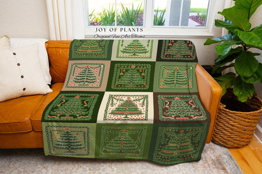 Christmas Tree Patchwork Throw Blanket Rustic Farmhouse Vintage Aesthetic | Cozy Sofa Blanket Holiday Decor Retro Cottgecore Christmas Gift