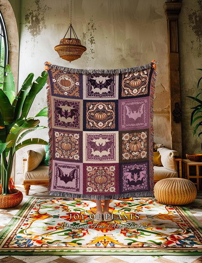 Wimsigothic Purple Bat Pumpkin Throw Light Academia Witchy Decor | Boho Fairycore Decor Whimsical Pastel Halloween Aesthetic Woven Blanket