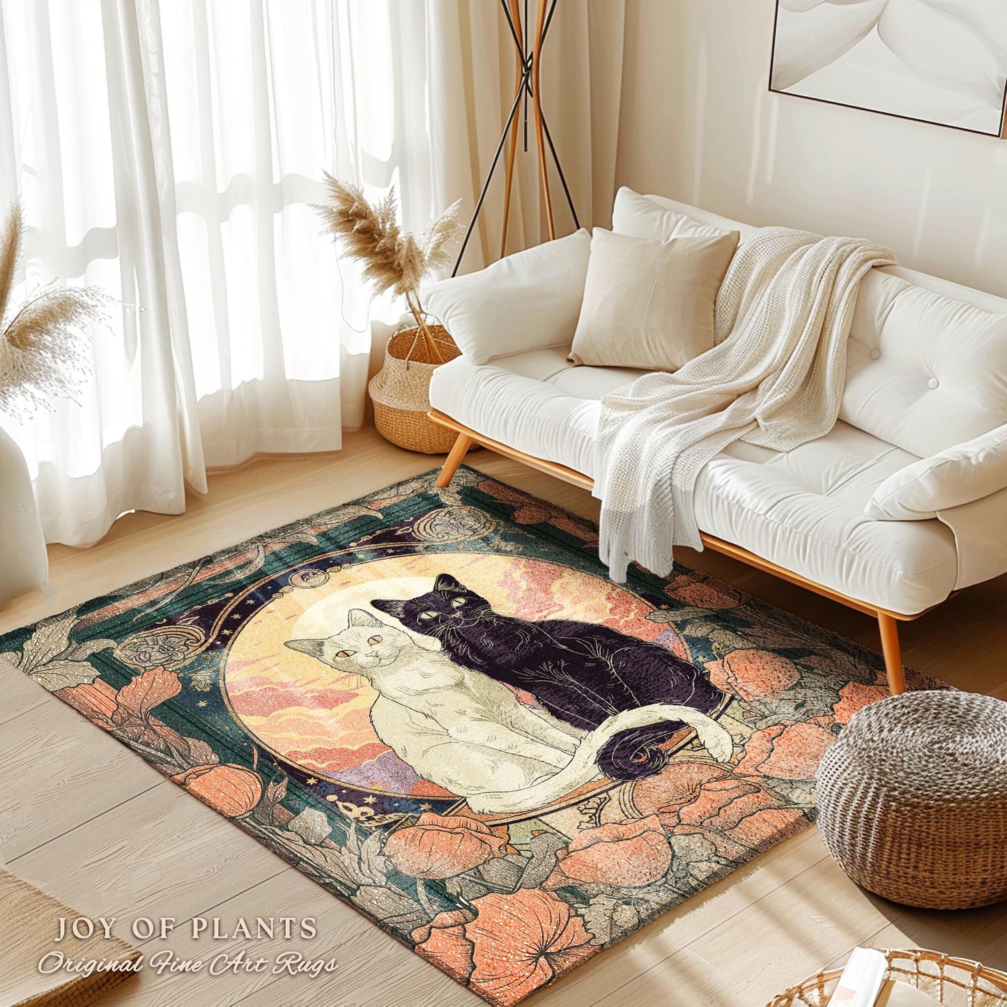 Whimsical Boho Cat Area Rug Mystical Cat Lovers Rug Perfect Cat Lover Gift Enchanting Animal Home Decor Soft Cottagecore Fall Floral Decor