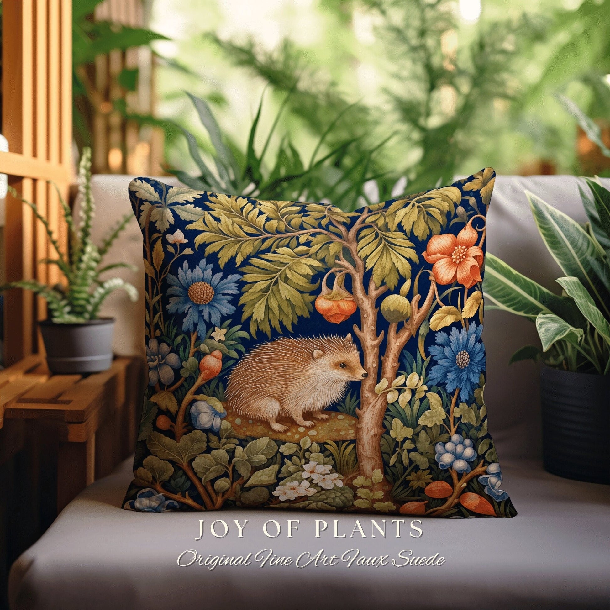 Hedgehog Throw Pillow | William Morris Inspired Pillow Woodland Cottagecore Decor Pillow Maximalist Home Decor Custom Morris Style Hedgehog