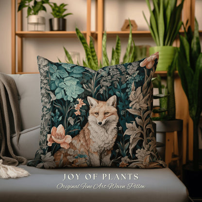 Fox Decoration Woven Pillow | William Morris Inspired Throw Pillow Woodland Forestcore Decor Pillow Maximalist Home Decor Throw Pillow Fox |