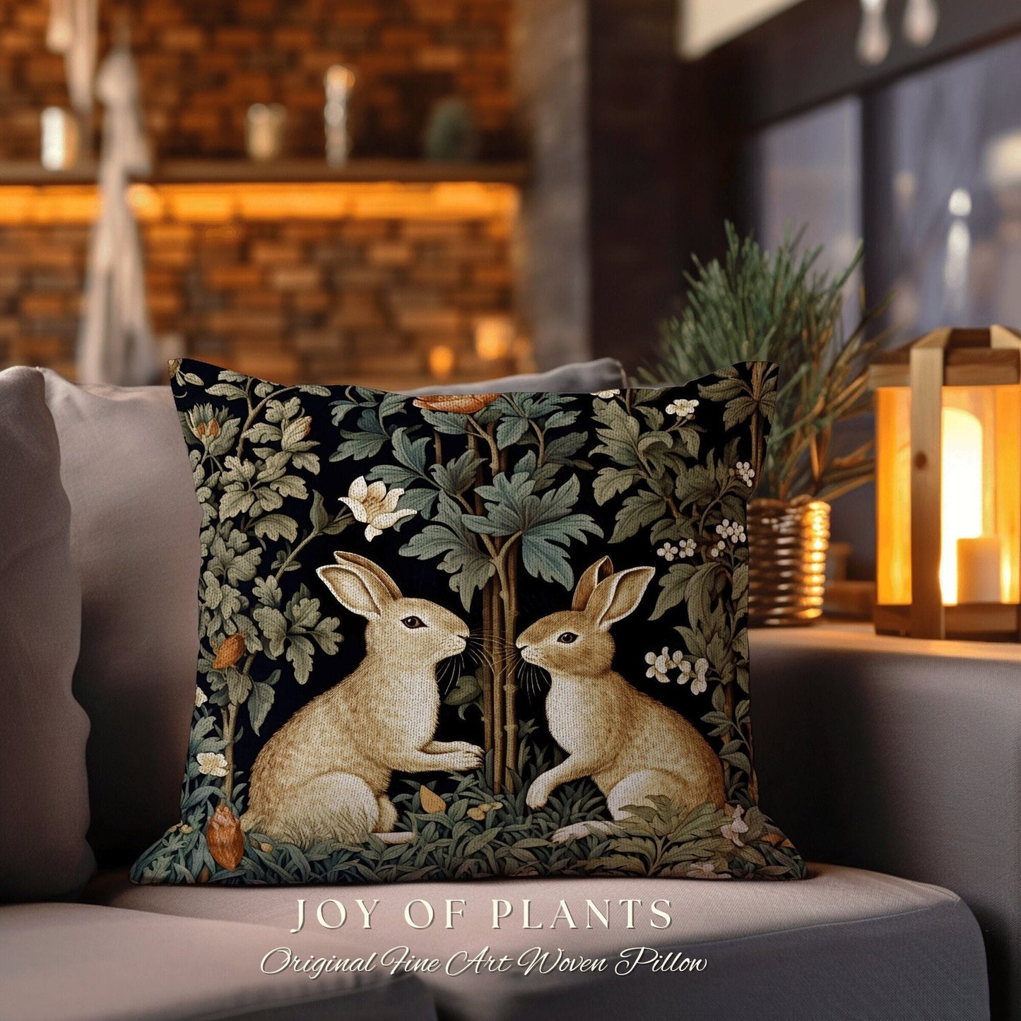 Forest Spirits Throw Pillow | Fairycore Woven Accent Pillow Cottagecore Room Decor Botanical Bunny Aesthetic Rabbit Cushion Whimsical Gifts