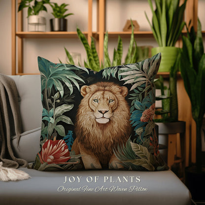 Lion Pillow Woven Jungle Decor | William Morris Inspired Pillow Woodland Decor Pillow Maximalist Decor Throw Pillow Botanical Lion Pillow |